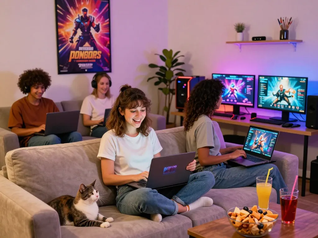 Group enjoying HTML porn games online in a cozy living room setting with vibrant LED lighting.