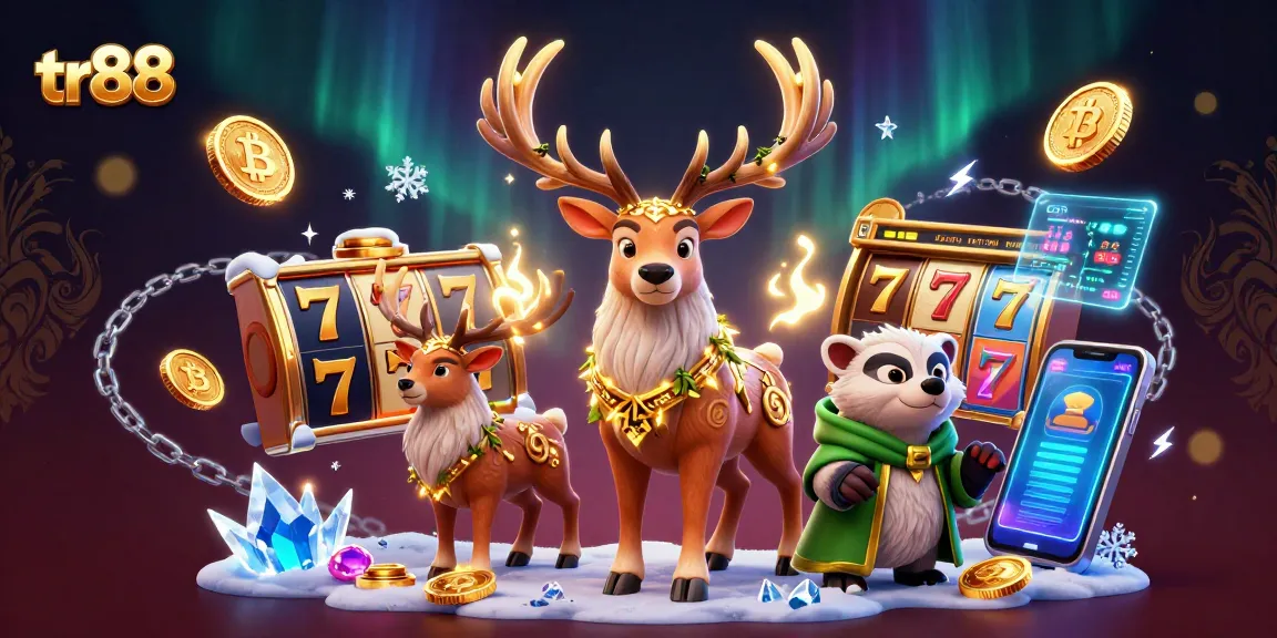 Experience thrilling wins with tr88 as Celtic druid stag spins slot reels in an enchanting 3D casino scene.