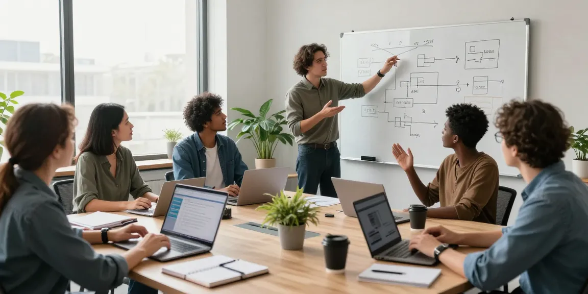 Collaborative team brainstorming session to build internal tools with AI in a modern office setting.