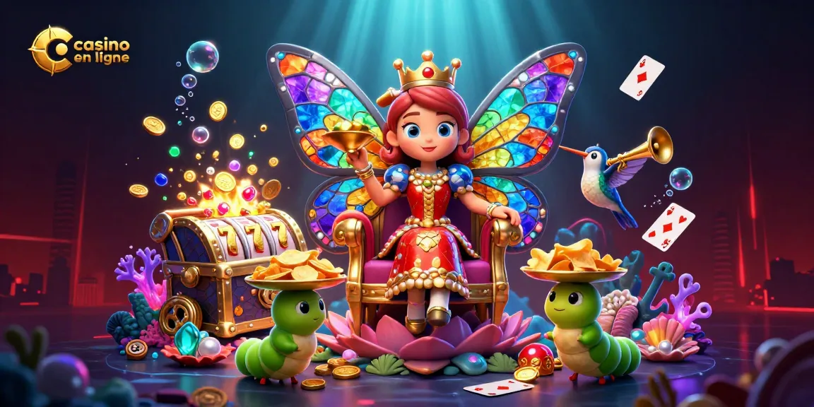 Casino en ligne : Illustration d'une reine papillon et de jeux de casino en ligne éclatants.