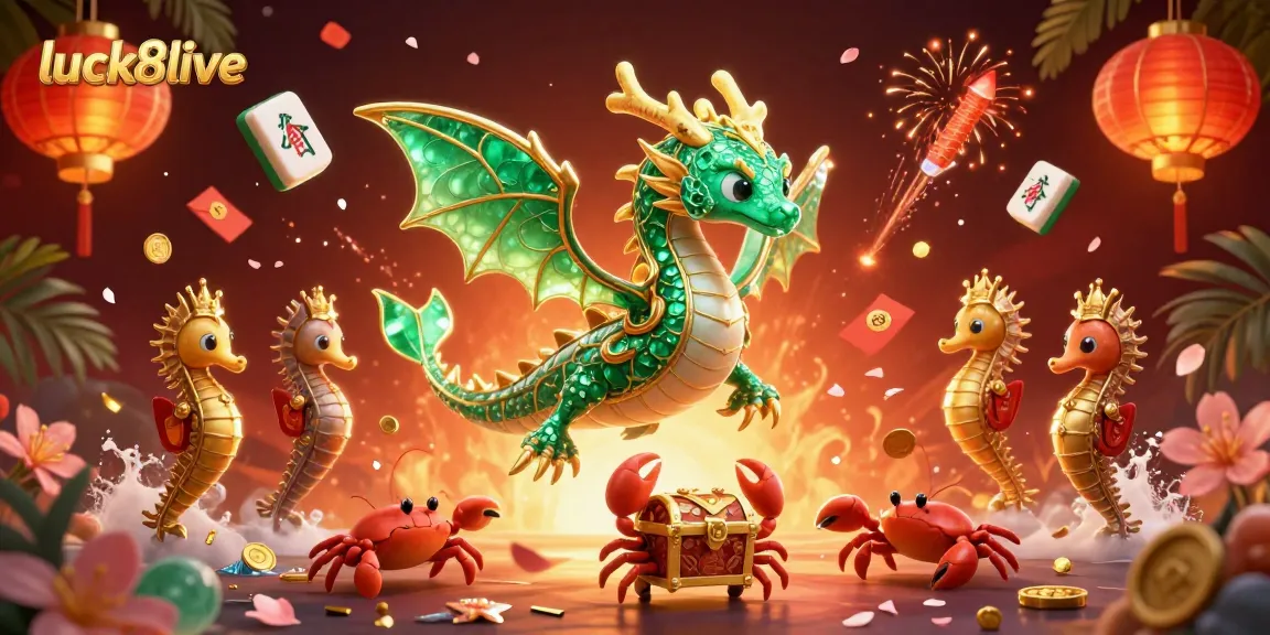 Engage with luck8live's vibrant online casino glee captured in this 3D illustration featuring a sea dragon, treasure chests, and festive gaming elements.