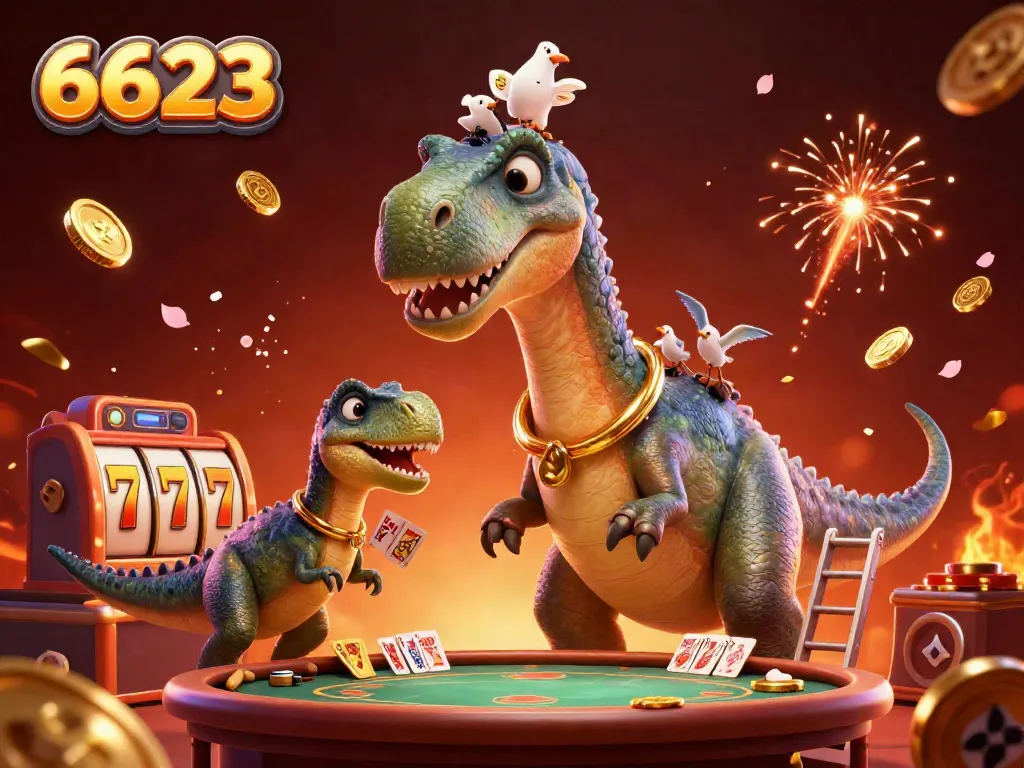 Experience excitement at 6623 with animated slot reels and a playful brontosaurus in a vibrant casino.