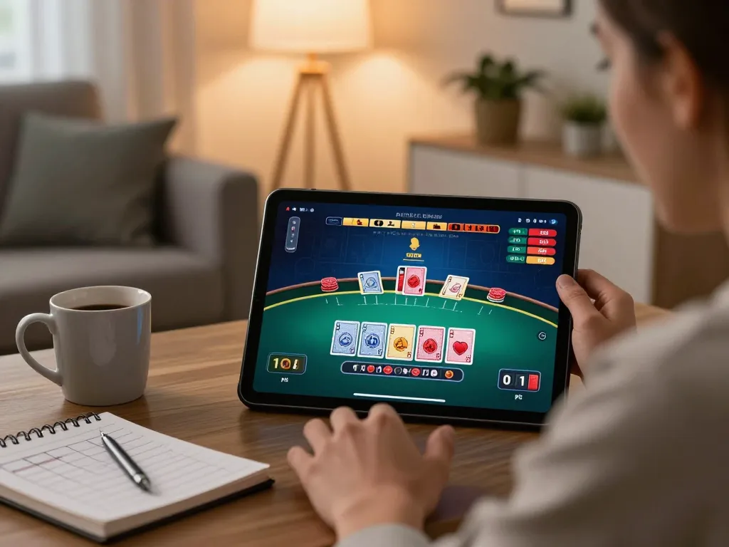 Người chơi thưởng thức blackjack KO66 trên máy tính bảng với ghi chú chiến lược và cà phê trong không gian ấm cúng.