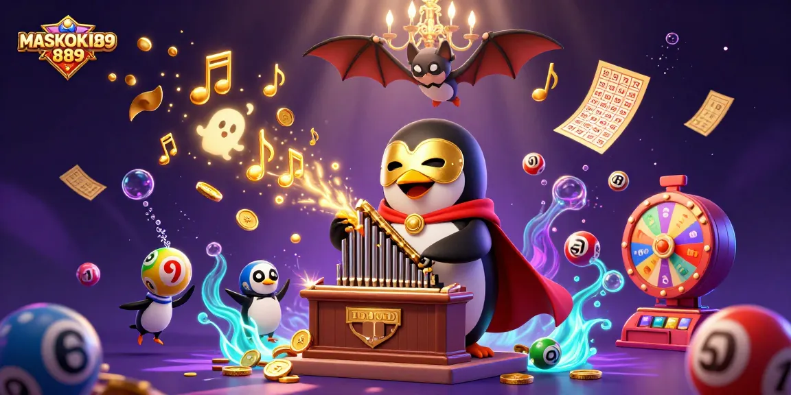 Experience the excitement of MASKOKI889 with thrilling golden coins, lottery balls, and a lively casino atmosphere.