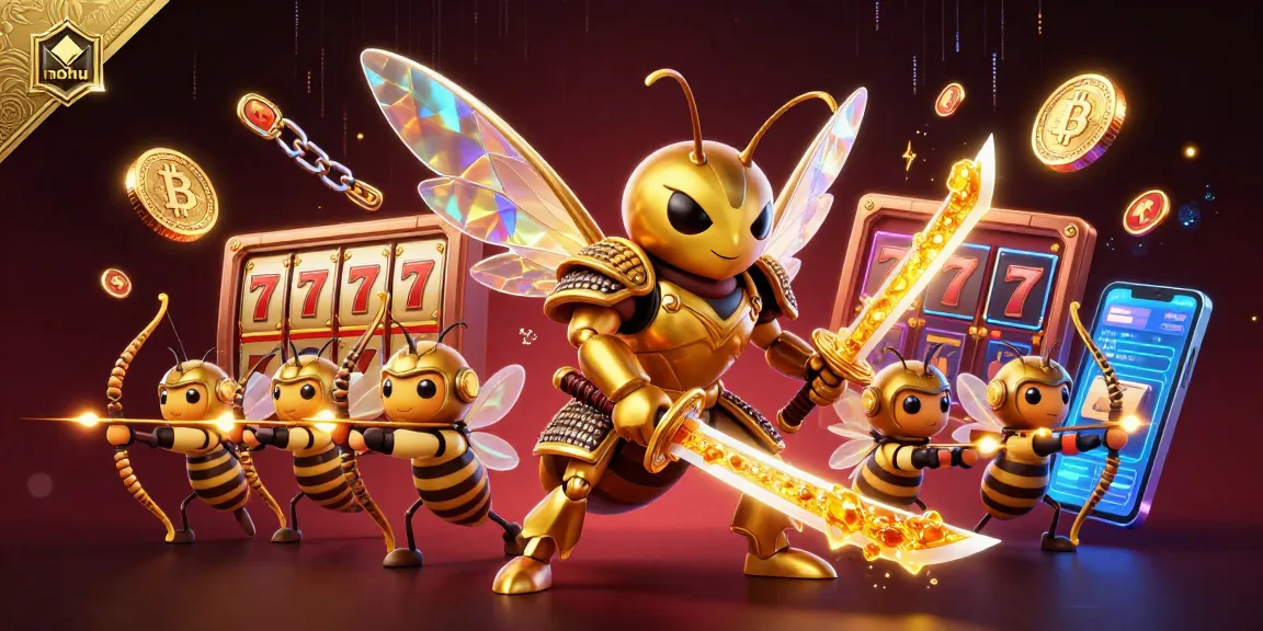 Nohu's golden hornet samurai leads a dynamic casino illustration with slot reels and cryptocurrency elements.