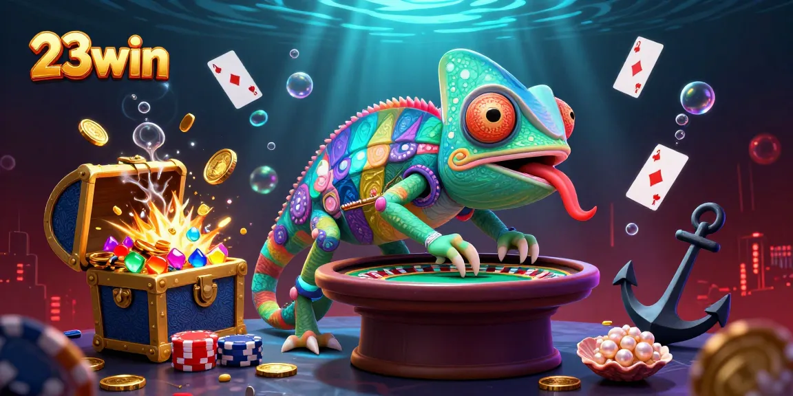 Win at 23win with vibrant casino action featuring a colorful chameleon and floating treasures.