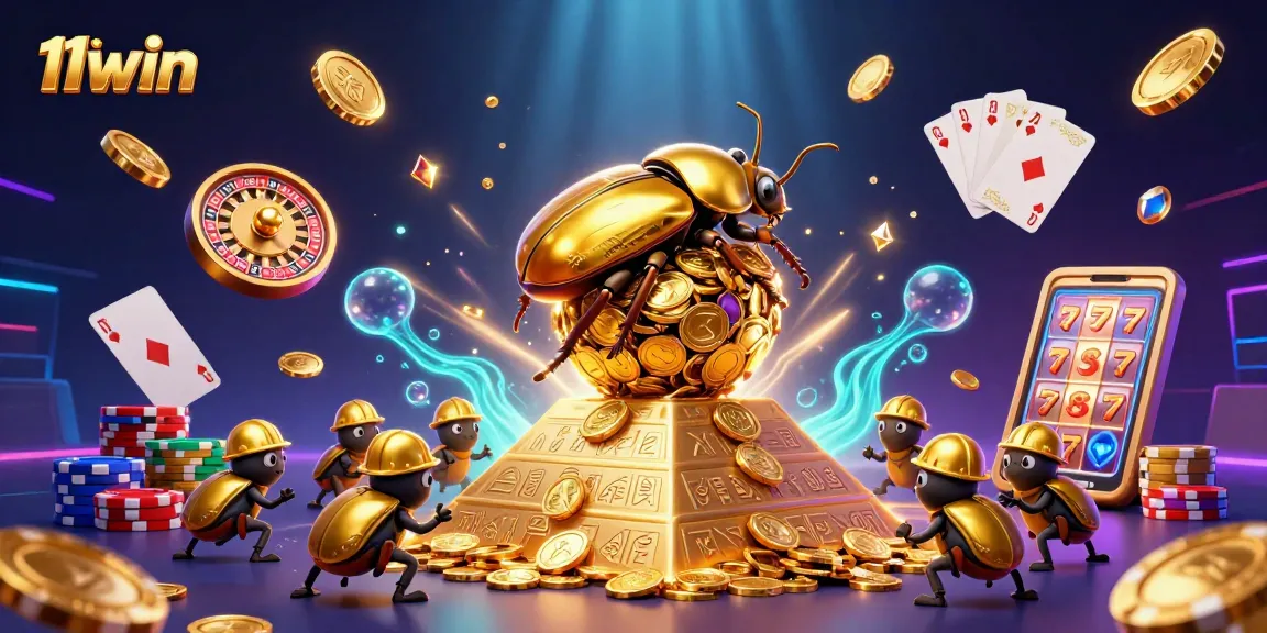 Experience the excitement of 11win as golden beetles roll coins in a vibrant casino scene filled with gems and games.