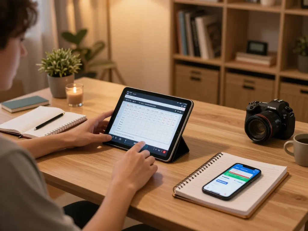 Engaging in đánh lô đề online strategy at home with tablet and notes in a cozy setting