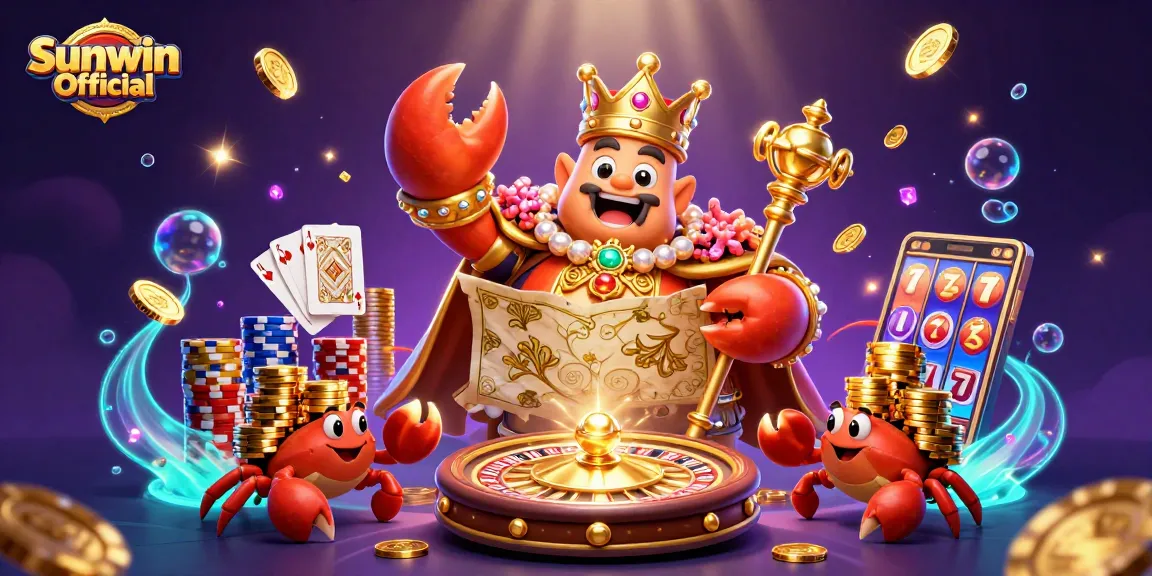 Spin and win big at Sunwin Official with a vibrant illustration of a golden crab emperor holding treasure, surrounded by casino elements.