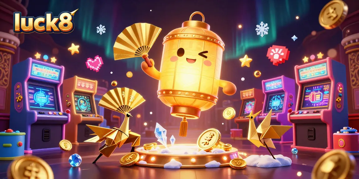 Experience gaming excitement at luck8 with a glowing lantern spirit amidst colorful arcade elements.