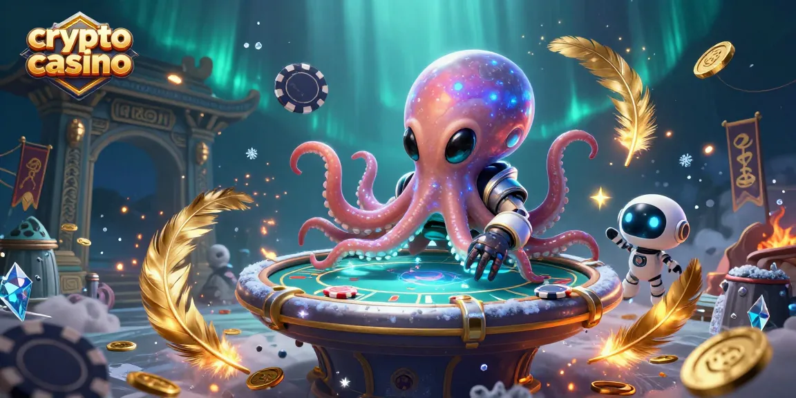 Jouez au crypto casino avec un octopus extraterrestre d'opération de jeu et des pièces flottantes.