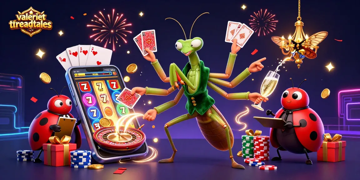 valeriesthreadtales showcases a winning slot game scene with a vibrant praying mantis card sharp and festive elements.