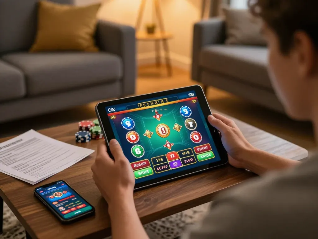 Joueur plongé dans les jeux de casino en ligne sur une tablette dans un environnement domestique confortable, mettant en avant l'excitation du casino en ligne argent réel France.