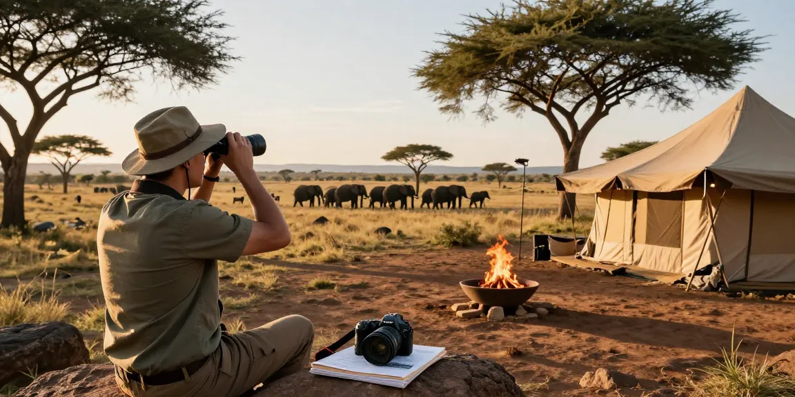 NAGA2000 traveler observing wildlife at Kidepo Valley National Park with stunning sunset background.
