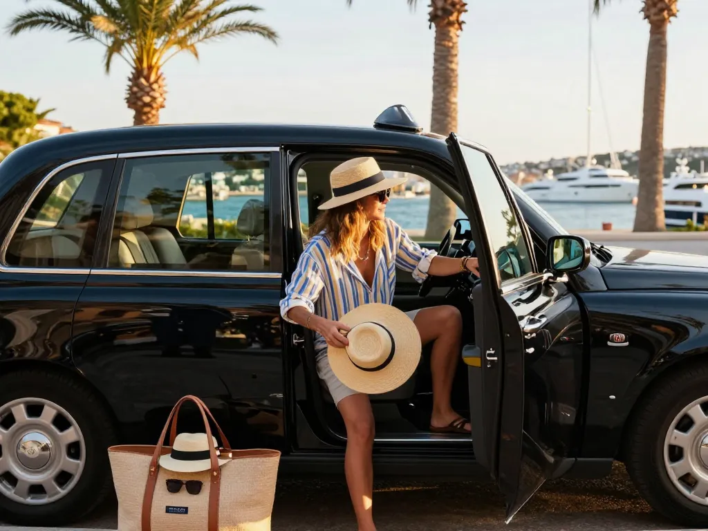 Taxi Saint-Tropez avec véhicule de luxe et arrière-plan pittoresque au bord de l'eau.