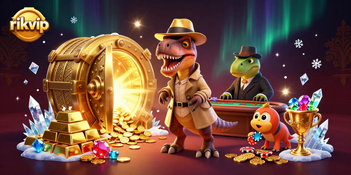 Experience rikvip's vibrant casino atmosphere with a velociraptor card counter and treasures galore.