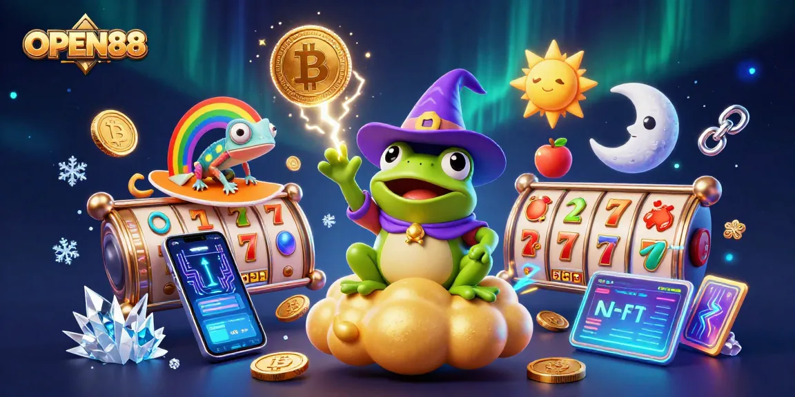 Experience the excitement of OPEN88 with a magical scene of characters amidst a storm of winning slots and crypto coins.
