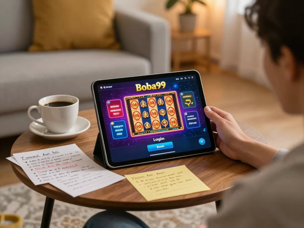 Layar login Boba99 ditampilkan di tablet, menyoroti permainan kasino online yang semarak di tengah pengaturan rumah yang nyaman.