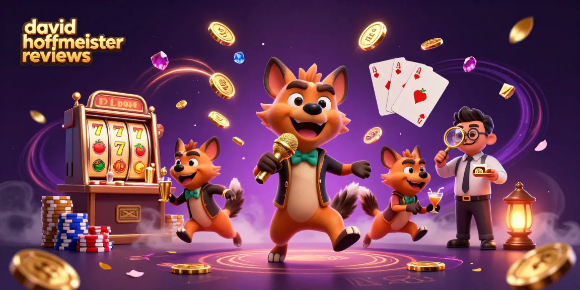 Engaging scene showcasing david hoffmeister reviews at a lively casino club with hyenas, sparkling gems, and slot machines.
