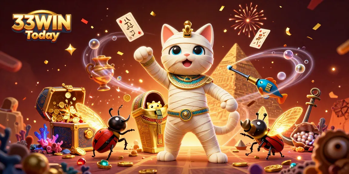 Engage in thrilling action with 33WIN Today as the Egyptian mummy cat bursts into a vibrant casino scene.