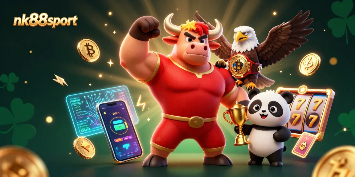 Engage with thrilling games at nk88sport, showcasing wins with casino mascot, eagle, and panda.