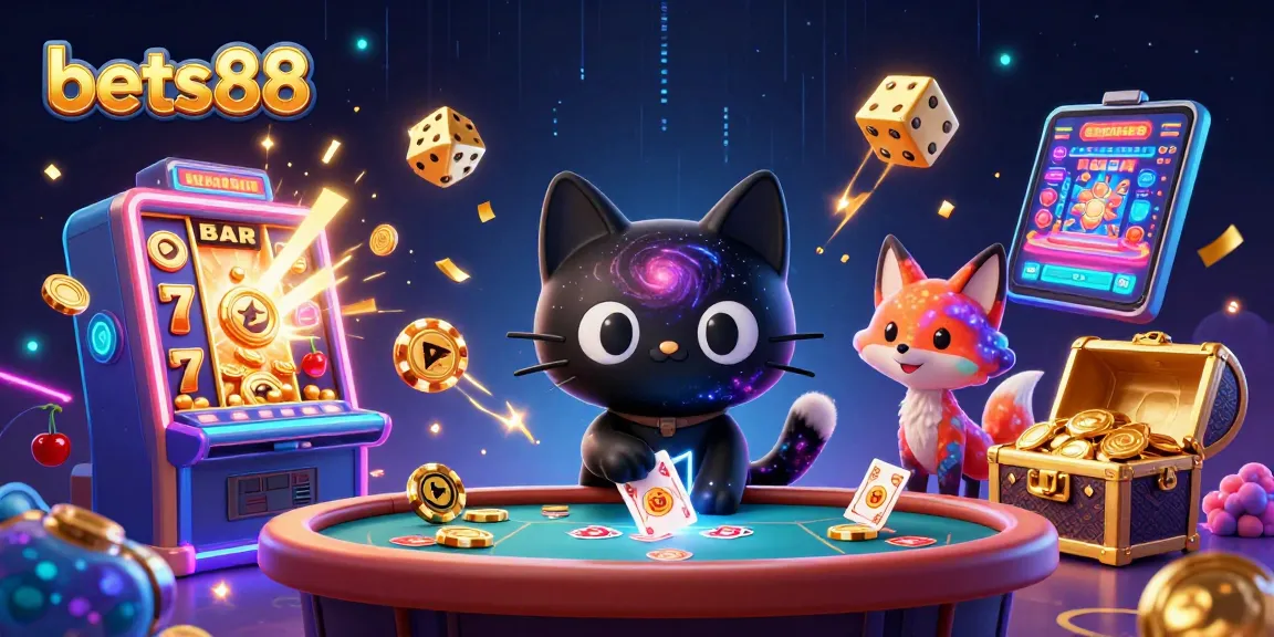 Experience thrilling casino action at bets88 with colorful characters and game elements swirling around.