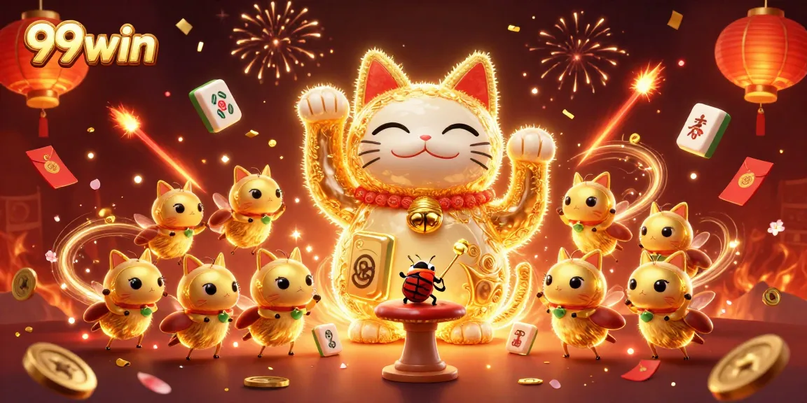 Experience thrilling casino fun with 99win as a colorful lucky cat symbolizing fortune.