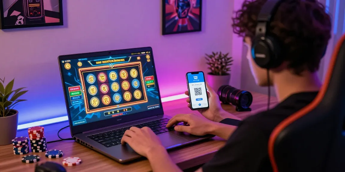 Exciting slot depo 1k gaming scene with player, laptop, and QRIS payment interface.