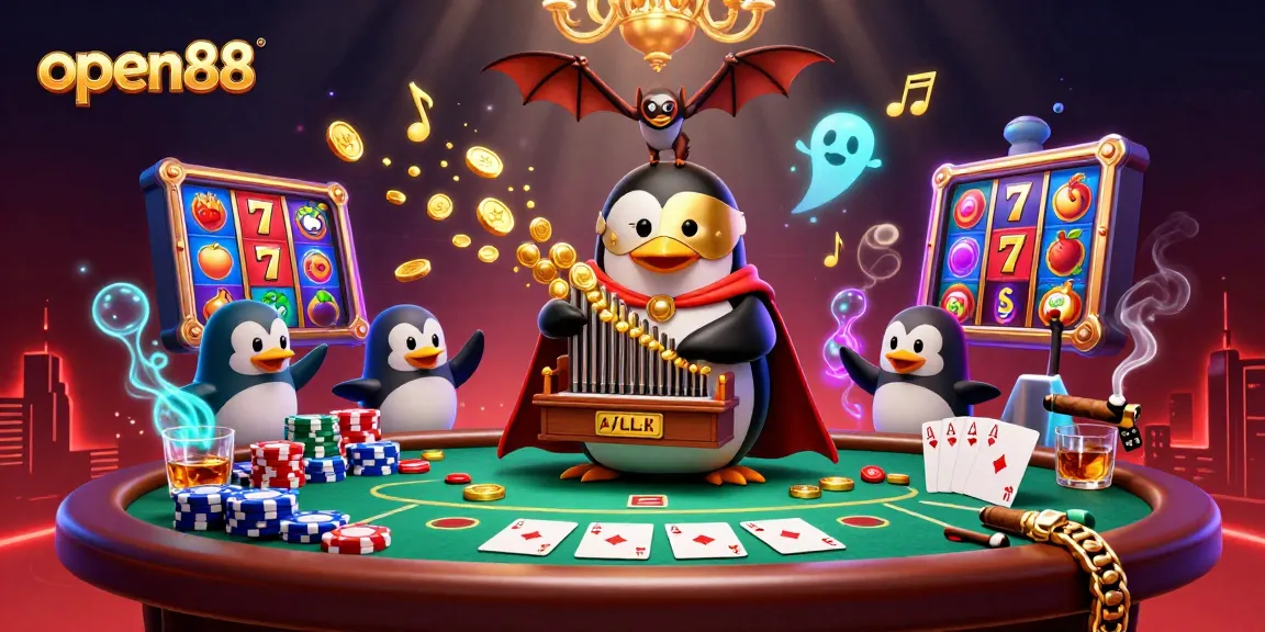 Experience open88's excitement with a 3D casino penguin playing organ, poker chips, and slot reels.