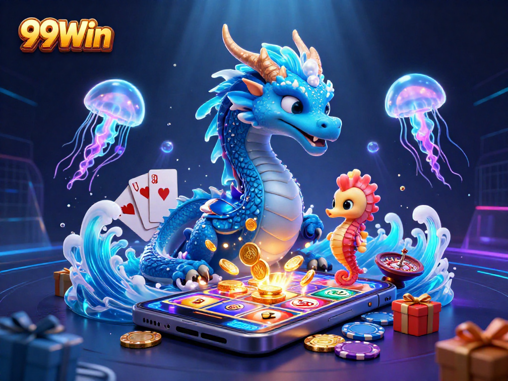 99Win showcases an enchanting casino adventure with a vibrant water dragon, playful seahorse, and engaging game elements.