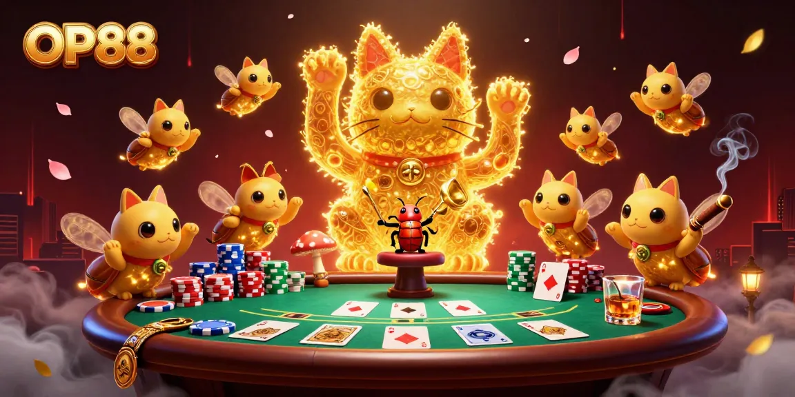 Engage with OP88's vibrant casino world through a lucky cat illustration surrounded by poker elements.