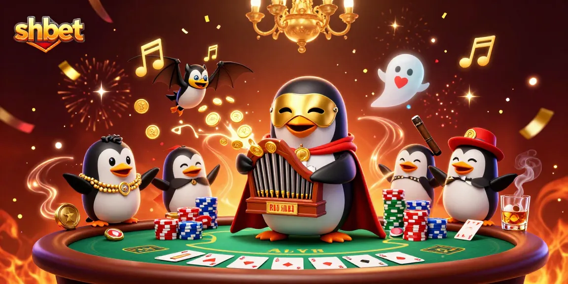 Engage with shbet's vibrant gaming scene as phantom penguin plays a golden organ amid poker excitement.