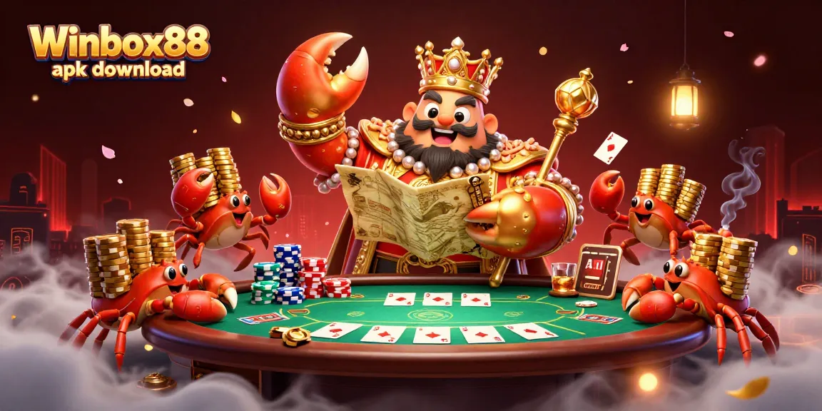 Engage in gaming action with Winbox88 apk download featuring a golden crab and poker elements.