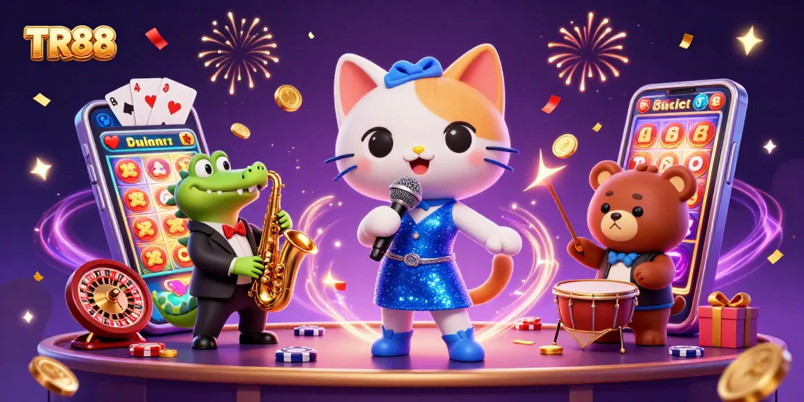 Experience thrilling play at TR88 with vibrant casino characters celebrating with games and rewards.