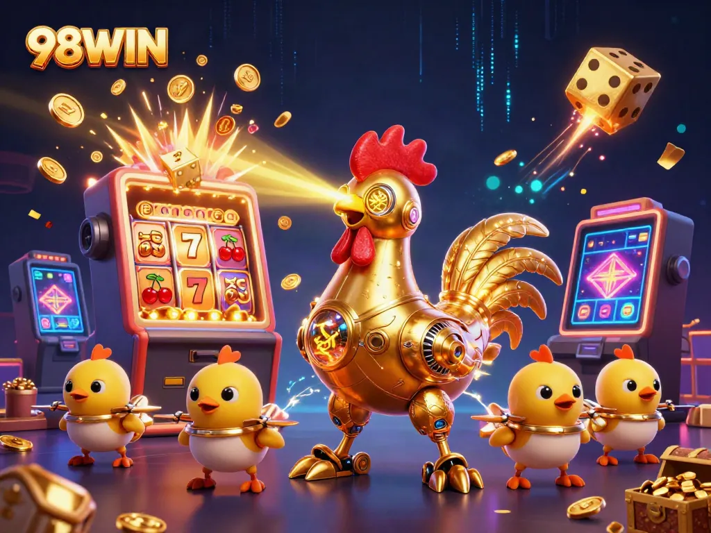 Experience thrilling gameplay at 98WIN with a vibrant illustration of casino excitement and jackpot wins.