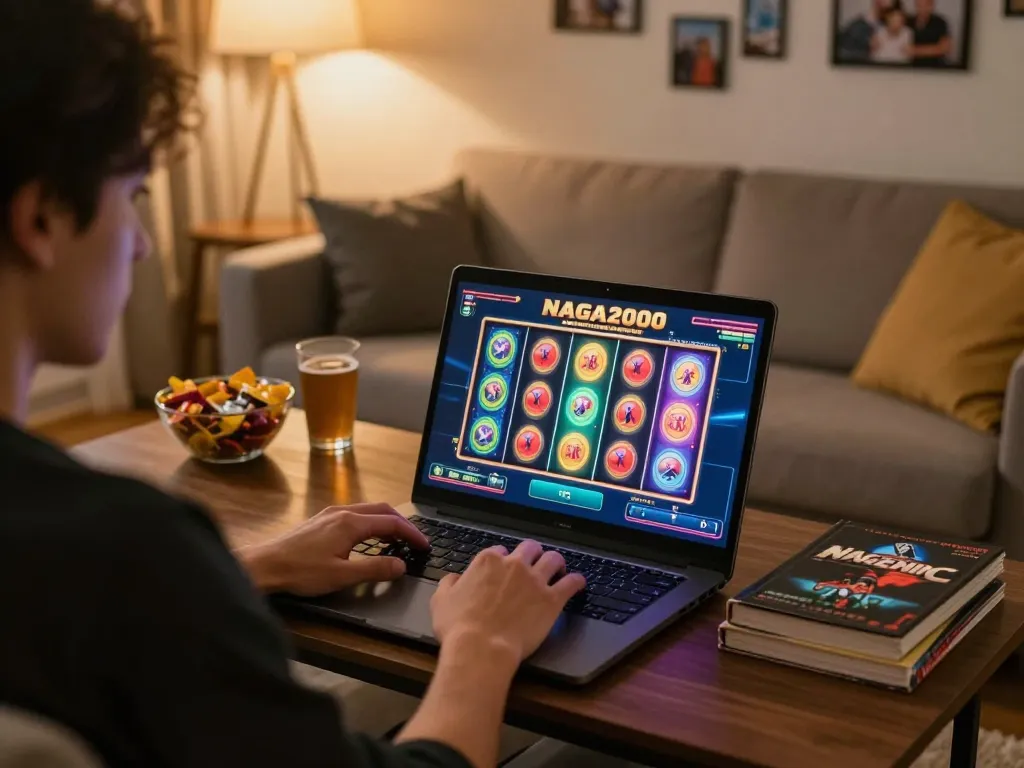 NAGA2000 player enjoying online slots in a cozy home setting with warm lighting
