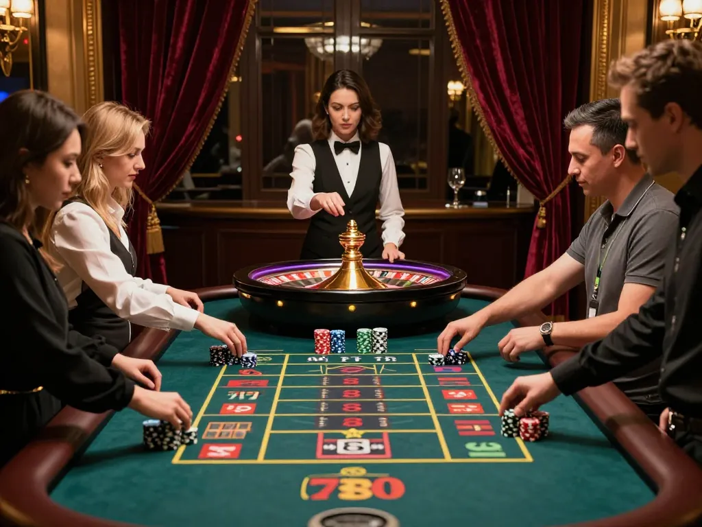 Players engaging in strategic roulette bets at the upscale 78WIN casino, showcasing a vibrant atmosphere.