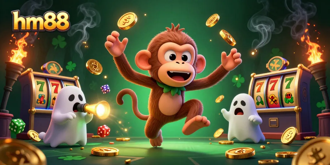 Experience thrills with hm88 at the haunted casino featuring a playful monkey and ghost-hunter puppy.