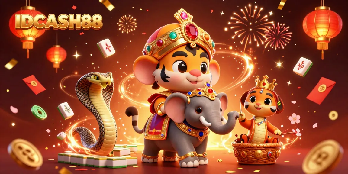 IDCASH88 showcases thrilling jackpot adventures with a dazzling elephant and vibrant casino elements.
