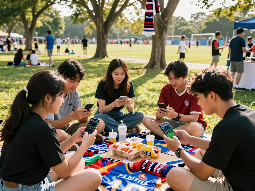 Group of friends discussing betting odds from Keonhacai8.tv in a vibrant outdoor setting.