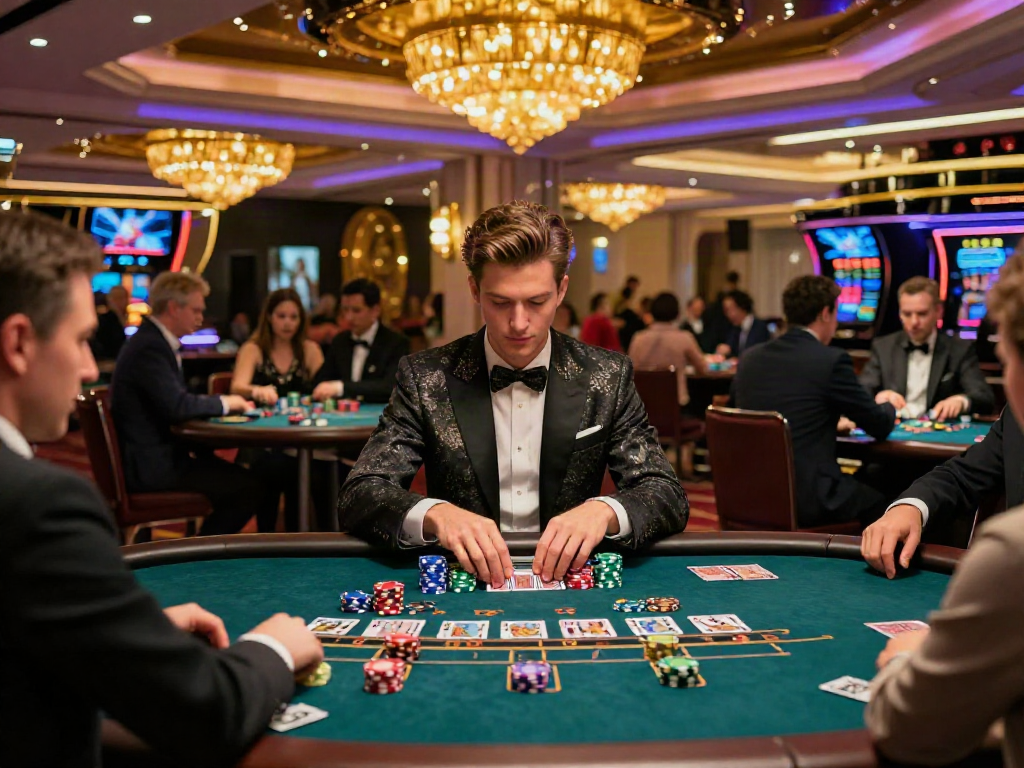 Engaging in a high-stakes blackjack game at a luxurious casino en ligne, showcasing vibrant atmosphere and stylish players.