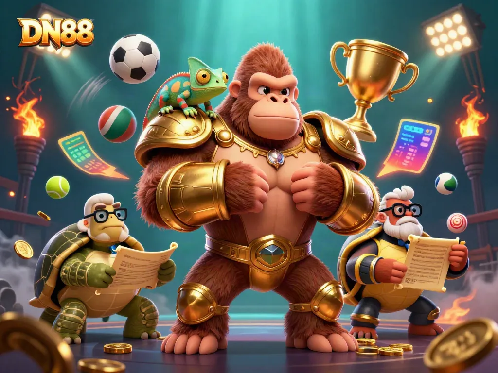Experience thrilling gaming at DN88 with a dynamic illustration of casino characters in action.