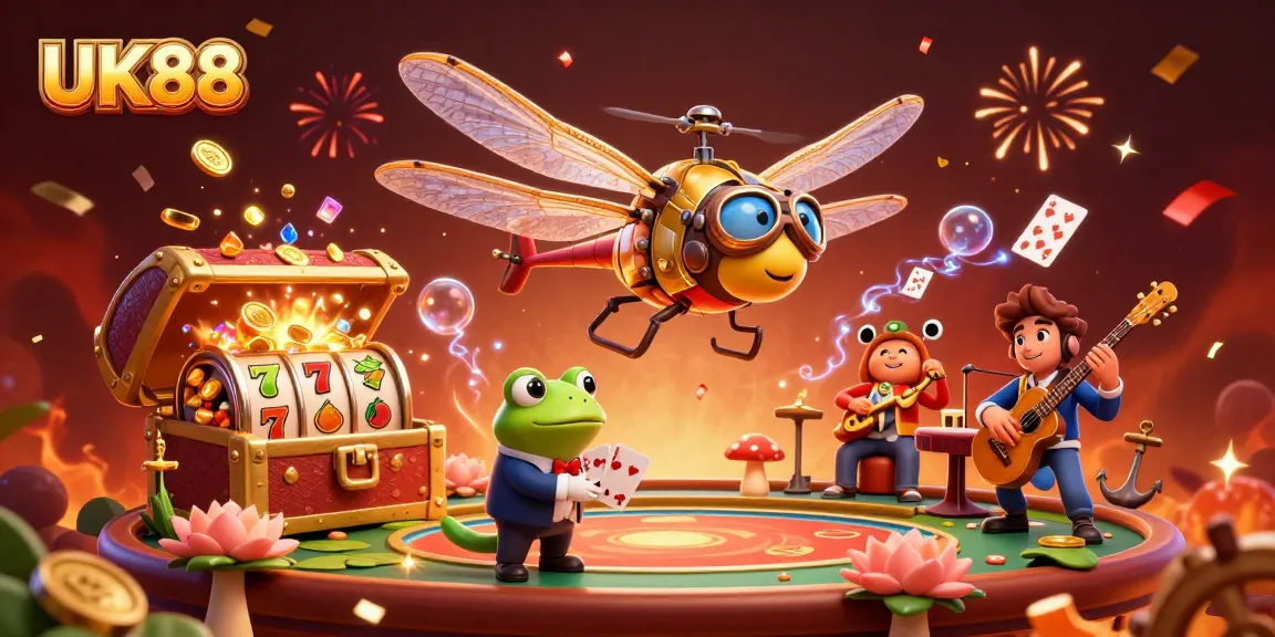 Experience UK88 excitement with a colorful 3D casino scene featuring dynamic games and characters.