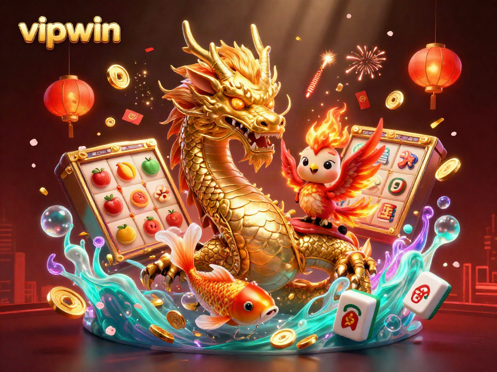Spin winning slots at vipwin with a golden dragon, phoenix, and koi fish illustration.