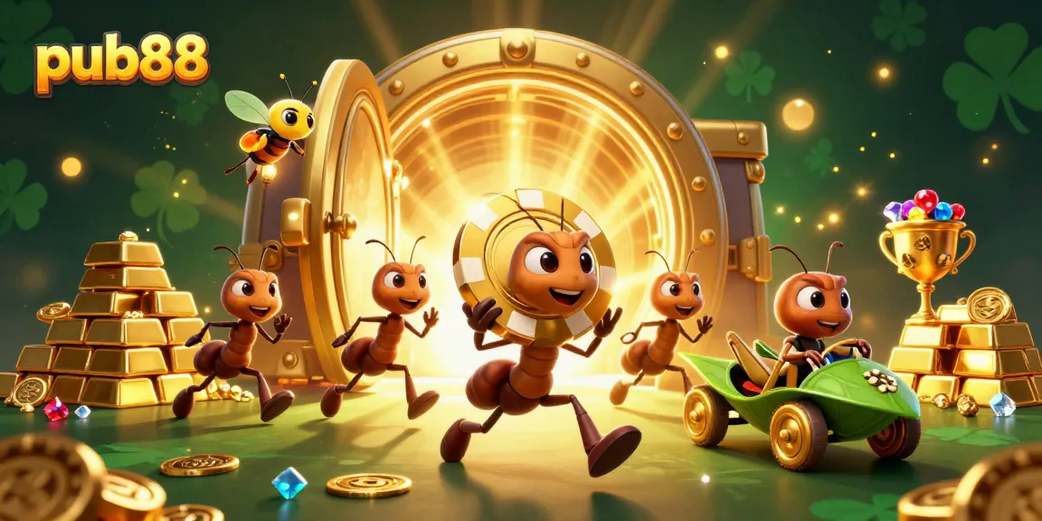 Experience the excitement of big wins at pub88 while ants transport a giant poker chip.