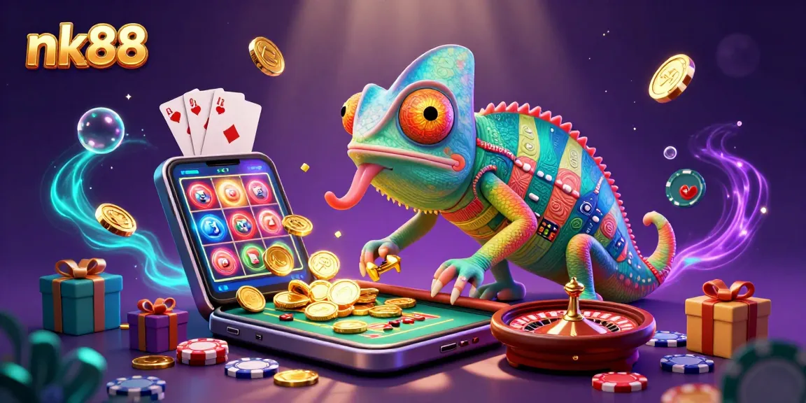 Spin to win with nk88 in a vibrant casino scene featuring a chameleon and gaming elements.