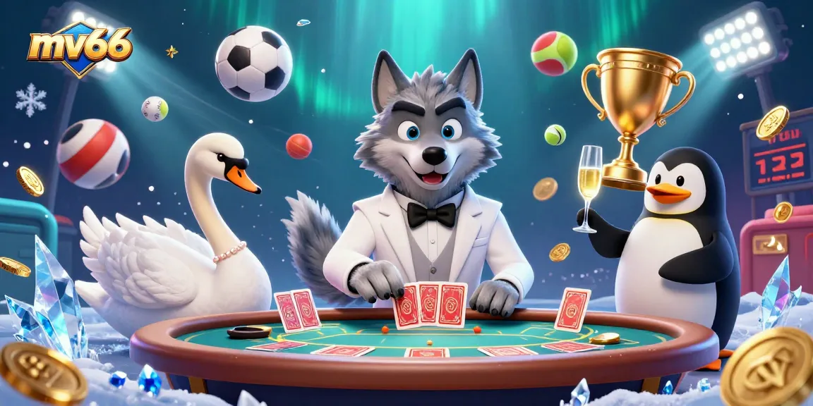 Engage in thrilling games at mv66, featuring a debonair wolf at baccarat with elegant characters.