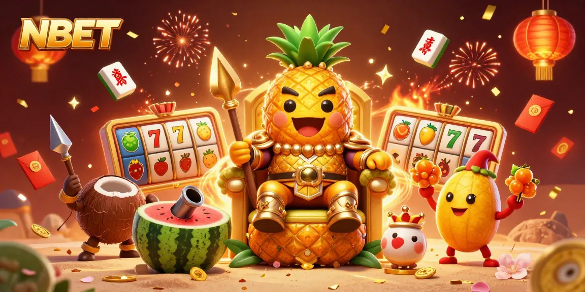 Spin to win with NBET’s vibrant golden pineapple king and casino characters.