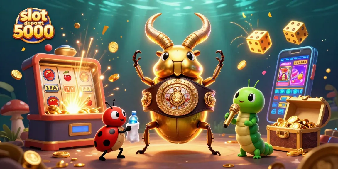 Slot deposit 5000 dalam ilustrasi yang menampilkan pertempuran seru antara karakter kartun dan mesin slot dengan efek jackpot.