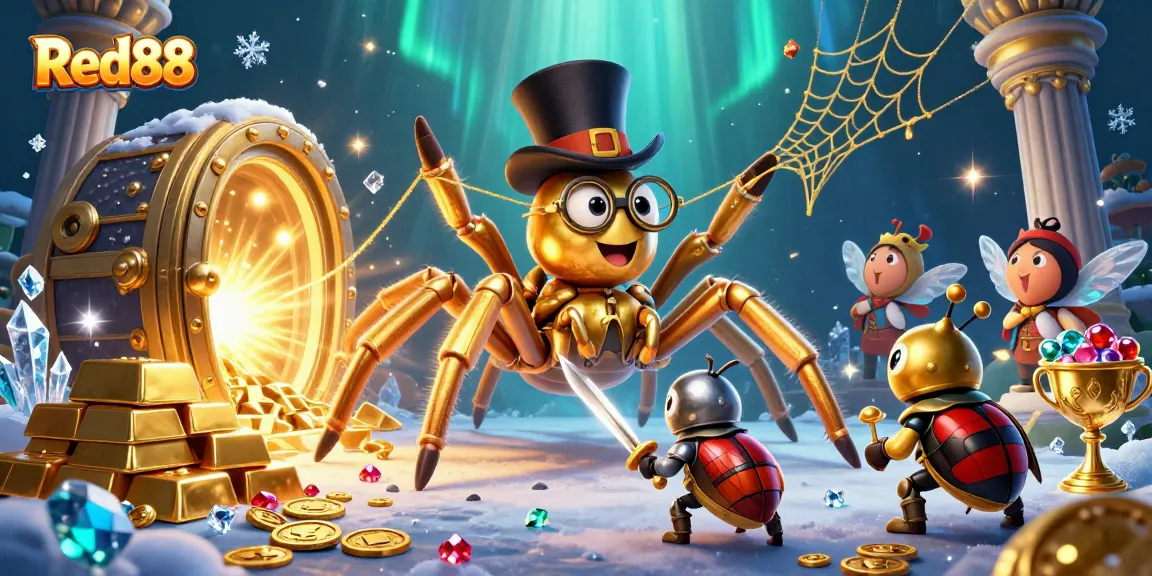 Red88 captures the excitement of gaming with a whimsical scene featuring a tarantula and beetle knight in a casino.